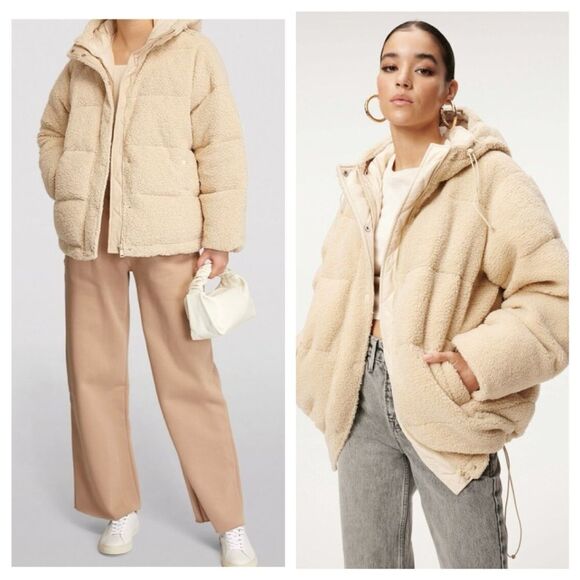 Good American Puffer Jacket Sherpa Teddy Essentials Cocoon Coat Beige sz 7 4XL - Picture 1 of 8